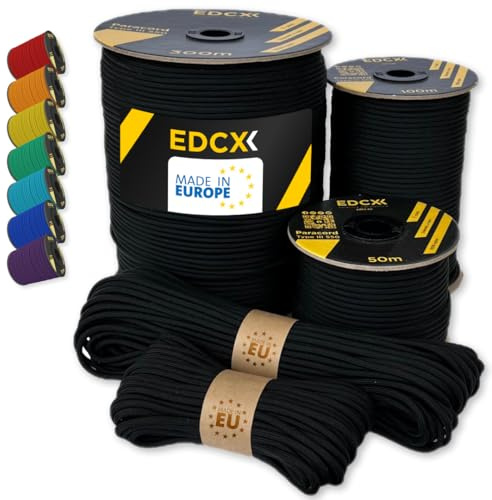 EdcX Paracord 4mm, 35+ Solid Colors (10m, 15m, 30m, 50m, 100m, 300m) | Ideal for Crafting, DIY, Camping, Survival, Outdoor | 100% Nylon Rope 4mm | Tactical Cord 550 Type III (Black, 30 m)