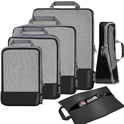 Eono by Amazon - Komprimierbaren Packwürfeln zur Organisation Ihres Reisegepäcks, Compression Packing Cube, Packtaschen Set & Gepäck Organizer für Rucksack & Koffer, Schwarz, 6-teilig