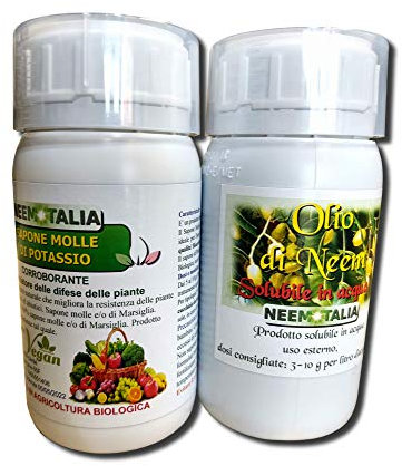 Argan Italia - Olio di Neem e Sapone Molle Potassico per Piante 250+250 ml, Olio di Neem Solubile Agisce Naturalmente Contro Insetti e Funghi, il Sapone Molle di Potassio Potenzia il Trattamento
