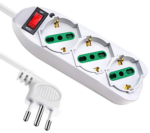 EXTRASTAR multipresa presa con interruttore automatico di protezione 10 A,3 Posti Presa Schuko bipasso 2P+T,multipresa protetta,surge Arrest, Bianca cavo 1,5