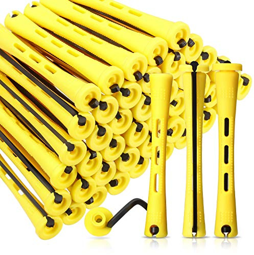 60 Haarstäbe, rutschfest, kalte Wellen, aus Kunststoff, kurzer Lockenwickler, mit elastischem Band aus Gummi, Lockenwickler (Gelb, 0,28 Zoll)