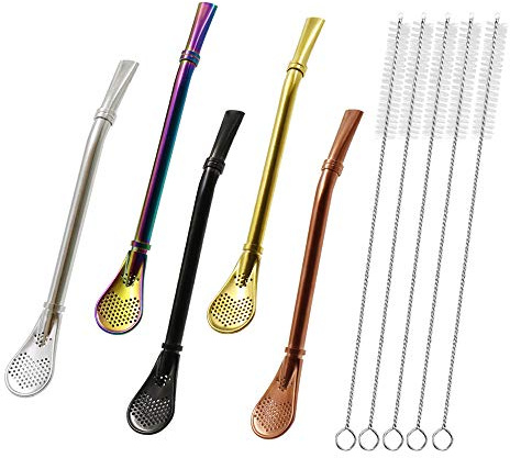 Stainless Steel Straw Filter Spoon, Yerba Mate Bombilla, Loose Leaf Tea Strainer, Tea Straw for Drinking Coffee, Cocktail, Pack of 5 with Cleaning Brush (5 colors)