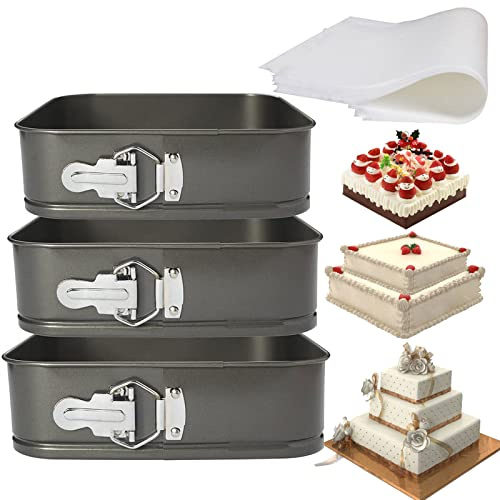 Lemengtree Springform Pan,3 Pcs Non-stick Square 8 inch/9 inch/10 inch Bakeware,Cheesecake Cake Pan with 50 Pcs Parchment Paper Liners(3 Pieces)