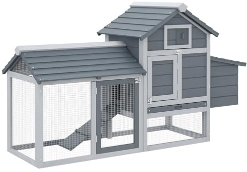 PawHut Pollaio per Galline Ovaiole da Esterno in Legno con Recinzione per Giardino, Casetta per 2 Galline, 151.5x54x87cm, Grigio