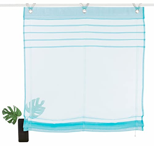 Devola Raffrollo transparent Ösenrollo Voile Raffgardinen Modern Rollo mit Hakenaufhängung Faltvorhang Dekoration Vorhänge BxH 100x140cm Türkis 1er Pack