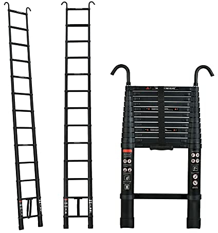 Ausziehbare Stufenleiter, Mehrzweck-Klapp-Stehleiter Aluminium Dachleiter, Schiebeleiter mit 2 Haken für Outdoor & Indoor, rutschfeste 13-Stufen-Leiter, 150kg Tragkraft