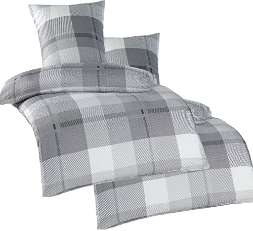 KH-Haushaltshandel 4-TLG. Seersucker Bettwäsche 2X 135x200 +80x80cm, grau kariert, bügelfrei, Microfaser (W401030)