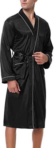 Bresdk Satin Bademantel Herren Morgenmantel Leichter | Klassischer Kimono-Schnitt mit Bindegürtel, zwei aufgesetzten Taschen und stilvollen Kontrastpaspeln an den Säumen