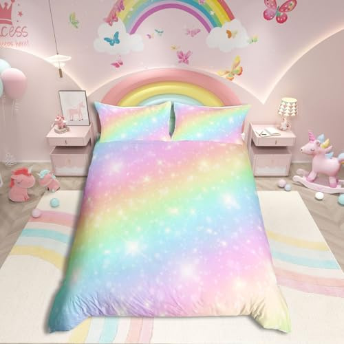 Homewish Set di biancheria da letto con copripiumino arcobaleno per bambini, ragazze, adolescenti, tie dye pastello, per letto matrimoniale, glitter dorato, girly dolce piumone astratta, acquerello