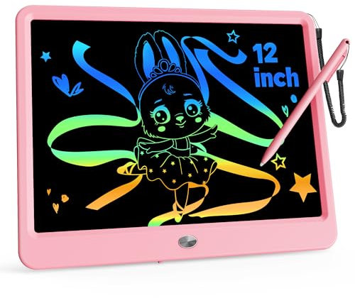 KOKODI 12 Inch LCD Writing Tablet with Anti-Lost Stylus, Erasable Doodle Board Colorful Toddler Drawing Pad, Car Travel School Games Toys for 3 4 5 6 7 8 Kids, Birthday Gift for Girls Boys Adults Pink