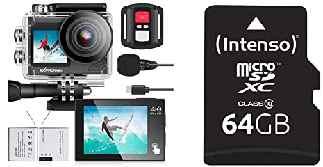 Exprotrek Action Cam,4K 30fps Ultra HD, 40m 100Fuß wasserdichte Unterwasserkamera, WiFi, 170° Ultraweitwinkel, Fernbedienung & Intenso microSDXC 64GB Class 10 Speicherkarte inkl. SD-Adapter, schwarz