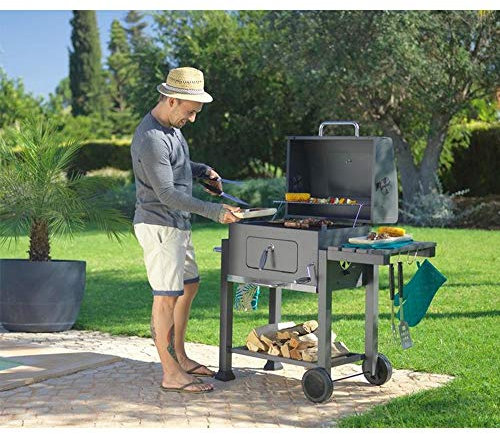 Holzkohlegrill, Grillwagen, Holzkohlegrill mit Deckel, Klappgrill, Tischgrill, 115x107x68cm, BBQ mit 2 Rädern für einfache Mobilität, Höhenverstellbare Carbonplatte,Ausziehbarem Aschenbecher.