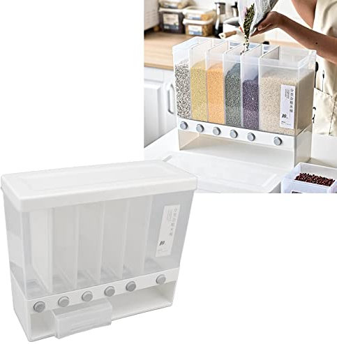 Distributeur de Riz 10L Seau de Distributeur de Céréales Mural à 6 Grilles Conteneur de Stockage de Riz Sec Scellé Pressé Conteneur de Stockage de Nourriture pour L'organisation de la Cuisine et le Ga