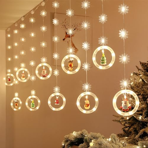 BLOOMWIN Weihnachtsbeleuchtung Fenster Lichtervorhang Innen - 3M 120 LED Weihnachtsdeko Fenster Beleuchtet mit Lichterkette Schneeflocken Deko und Figuren, für Fensterdeko Weihnachten, Warmweiß USB