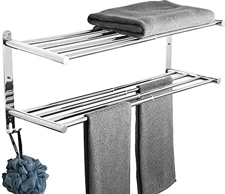 Stainless Steel Wall Mounted Adjustable Towel Bars - 43-78CM 2 Tier Towel Rack With Hooks for Kitchen Bathroom