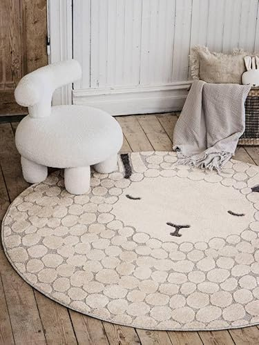 RugVista Lollo Lamm Kinderteppich, Ø 100 cm, Greige/Beige | Moderne, Kinder, Rund, Niedriger Stapel, Nur chemische Reinigung, Oeko-Tex 100, Ohne gefährliche Chemikalien, Kinderzimmer