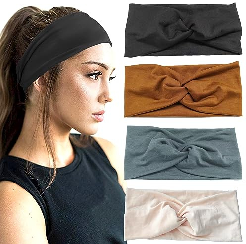 4 Pièces Bandeau Cheveux Femmes Large, Serre Tete Femme Élastique, Bandeau Large Cheveux Femme, pour Headband Cheveux Femmes Yoga Sport (brun,gris foncé,chameau,noir)