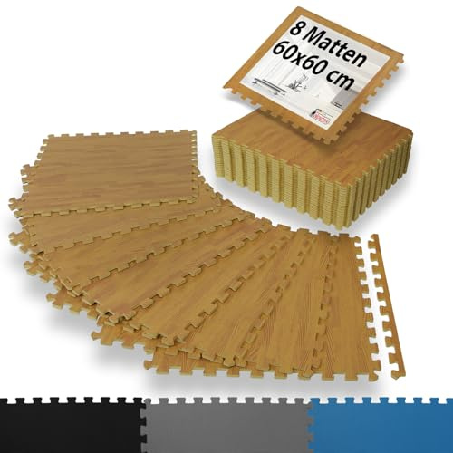 ALPIDEX 8 Pièces Tapis Protection Sol 60x60x1 cm Matelas Puzzle 2,88 m² EVA Caoutchouc Tapis Bordures Antidérapant Tatami Fitness Sport Dalle Mousse Gym Garage Piscine Isolation, Couleur:Aspect bois