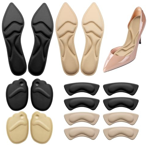 BORISCA 8 Paia Cuscinetti per Piedi per Tacchi, 2 Paia Donna Solette Scarpe Ridurre Numero, 2 Paia Suole Scarpe Memory Foam per L'avampiede, 4 Paia di Solette Tacchi Alti per Tallone in Schiuma 4D