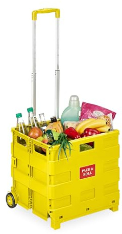 Relaxdays Carrello per Spesa Pieghevole, 35 kg Carico, Manico Telescopico, Carrellino Trolley Portaspesa, Cesto, Giallo