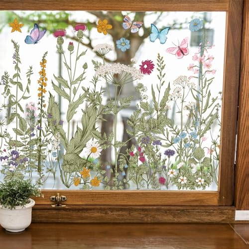 Whaline 6 Sheets Spring Vintage Wildfloral Window Clings Summer Butterfly Window Decal Double-Sided Watercolor Flower Decor for Fall Mirror Glass Display Shop Office School Supplies