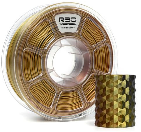 R3D Tri Color Silk PLA 3D-Druckerfilament, Co-Extrusion, 1,75 mm, 1 kg, 30–370 mm/s Hochgeschwindigkeitsdruck, 1,75 mm, Maßgenauigkeit +/- 0,02 (Seidengold-Kupfer-Schwarz)