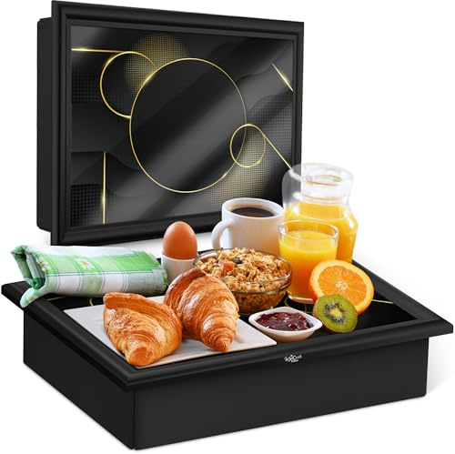 Empire - Bandeja de regazo con cojín de puf - Bandeja de regazo acolchada suave de madera con cojín para comer, beber y portátil - Ideal para desayuno, cena, aperitivos y trabajo - cómoda, portátil