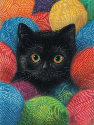 AMBATTERY Knüpfteppich Schwarze Katze Und Wollknäuel Knüpfteppich Zum Selbermachen Mit Kissen Knüpfsets Knüpfset Für Anfänger Und Erwachsene 31x63in