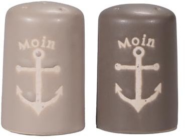 Maritimes Steingut-Geschirr, beige/taupe – Salz-/Pfefferstreuer, Anker | Mix & Match Serie aus Keramik - nautische Motive zum Kombinieren - Küchenzubehör, Geschenkartikel – Seaside No.64
