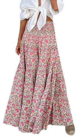 Langer Rock Damen Sommer Elastizität Maxirock Boho Lang Einfarbig Outdoor High Waist Luftige Dünne Maxi Skirt Falten Luftiger Sommerrock