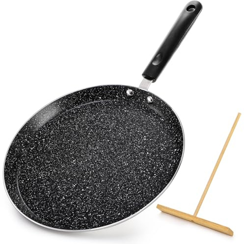 WRINGKIT 10 Inch Nonstick Crepe Pan with Spreader, Flat Skillet Tortilla Pan with Granite Coating, Round Griddle Pancake Pan with Stay-Cool Handle, Induction Compatible, PFOA Free