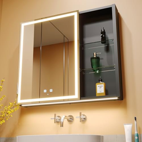 KWW LED Beleuchtetes Badezimmer Medizin Kabinett mit Spiegel, Farbtemperatur Einstellbar, Anti-Nebel Dimmbare Lichter, Steckdosen für USBs (1 Türen–75×70)