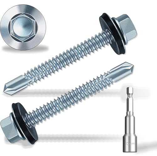 Tornillos autoperforantes para techos de 5,5 x 38 mm, 60 tornillos autorroscantes de cabeza hexagonal, tornillos de techo autoperforantes de cabeza hexagonal con arandela de sellado de goma. Con