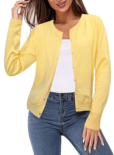 Irevial Cardigan Mujer Manga Larga Ligero con Cuello Redondo,Chaqueta de Punto Estilo Básico Elegante Cárdigan Jersey con Botones Rebecas Casual para Primavera Otoño Amarillo，L