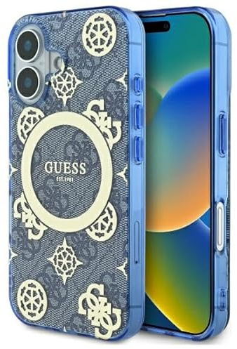 CG MOBILE Guess GUHMP16SH4PYEEB Hülle für iPhone 16 6.1 Blau hardcase IML Peony On 4G Background