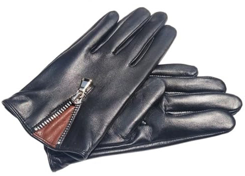 Italienische Lederhandschuhe für Damen, ungefüttert, Touchscreen-Lederhandschuhe, Reißverschluss, Fahrer, Lederhandschuhe, schwarzes Seidenfutter, Größe L