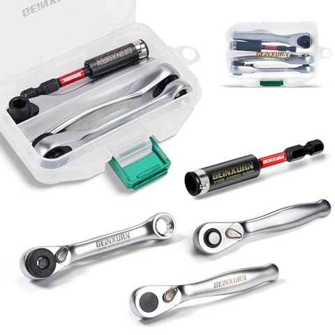 GEINXURN Mini-Ratschenschlüssel & Bithalter-Set, 4-teilig, 1/4-Zoll-Antrieb, Ratschengriffschlüssel, 72-T Schnellspann-Umschalt-Steckschlüssel, Schlagverlängerungs-Bithalter mit Koffer