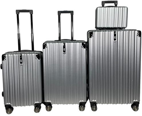 SIGN Hartschalen Reisekoffer Trolley ABS Tasche Leicht 4 Doppelrollen (Handgepäck-Mittel-Groß-Set) Nummernschloss (Silber, 3er Set)