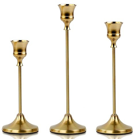 Mivitoom 3 Pcs Brass Gold Candle Holders Metal Candle Stand Holders Candlestick, Vintage Modern Decoration for Table Mantel Wedding Christmas Party Gift