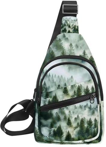 Fanny Pack Cross Body Bag for Outdoors Hiking Traveling, Misty Pine Forest on The Mountain Slope in a Nature Reserve