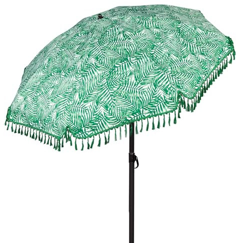 AKTIVE Ombrellone da spiaggia 180 cm con frange, stampa felci, manico in acciaio 22/25 mm inclinabile, protezione UV30, 8 aste resistenti, custodia per il trasporto, leggero e facile da montare