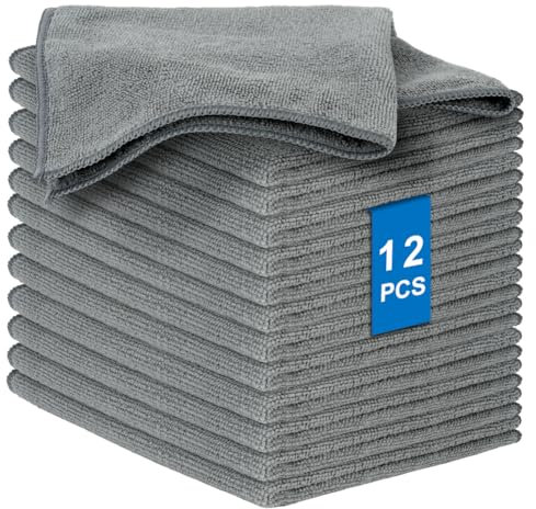 AYESY Microfibre Cleaning Cloth, 12 PCS 32 x 32 cm Highly Absorbent Cleaning Rags Multifunctional Kitchen Towel Reusable Dishcloth for Plastic-Free Kitchen Cloth Suitable for Any Surface (Grey)
