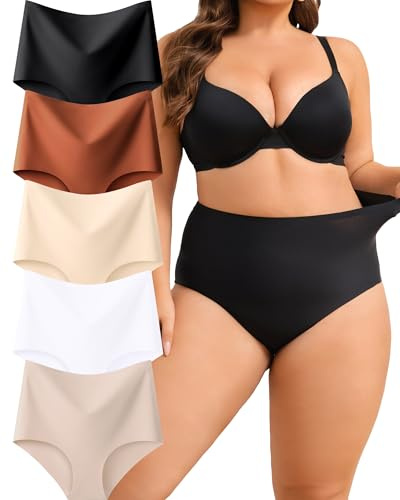 ALL OF SHE 5 Pack High Waisted Underpants Ladies Seamless Briefs Seamless Underwear High Waist Comfortable Hipster No Show Panties Multipack XS-3XL