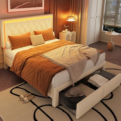 ANIROY Upholstered Platform Bed, 4ft6 Double Bed Frame 135x190cm with 2 Drawers, Iron Bed Legs and LED Headboard, Youth Beds for Adults Teenagers, PU+Iron, Beige
