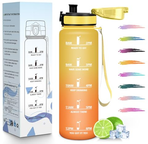 HoneyHolly Trinkflasche 1L, Zeitmarkierung, Wasserflasche, Auslaufsicher, Trinkflasche Sport, Wiederverwendbar, Water Bottle für Fitnessstudio, Radfahren, Büro, Outdoor, Wasserflasche Auslaufsicher