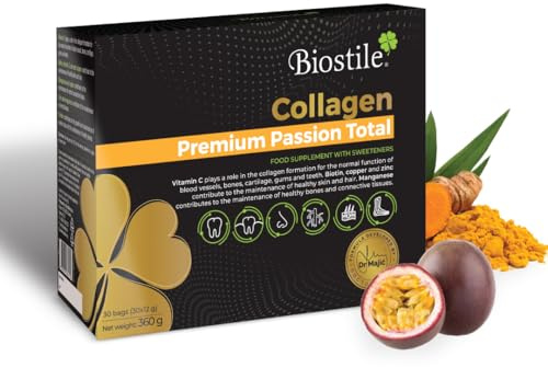 Biostile Collagen Premium Passion Total – 30 Beutel mit 8600 mg hydrolysiertem Kollagen, Vitamin C, Curcumin, Shilajit, Zink, Kupfer, Biotin, Mangan und Silizium für Haut, Gelenke und Knochen