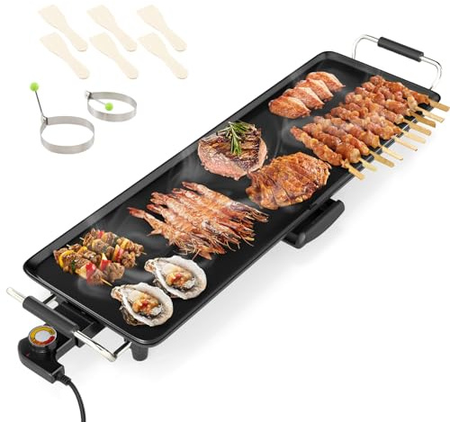 GOPLUS Plancha Électrique XXL 1400W, Thermostat Ajustable, Plancha Grille Table Antiadhésive & Lavable avec Poignée Rembourrée, Grande Capacité pour 8 Personnes (70x24CM)