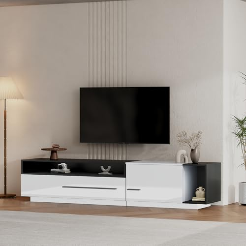 LINKHOO Meuble TV Brillant, Meuble Bas, Meuble TV, Commode TV, pour téléviseurs jusqu'à 70 Pouces avec tiroir, Porte et Compartiment Ouvert, 170 * 38 * 42.3 cm, Blanc, Noir