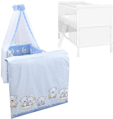 Generisch Baby Delux Babybett Komplett Set 9-TLG Kinderbett umbaubar zum Juniorbett 70x140 Matratze Jack Bettset Chiffonhimmel (Teddy Mond blau)