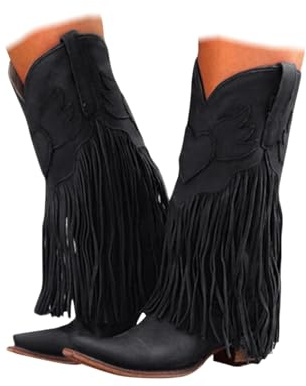 Bottes western de cowboy à franges pour femme - Bottines medieval d'automne et d'hiver à talon bas - Confort chic mi-mollets couleur unie boots - Pour les festivals et la vie de tous les jours
